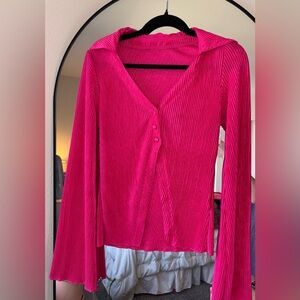 Women's Hot Pink Ribbed Button-Front Blouse